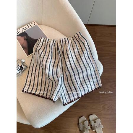 网图条纹编织亚麻短裤女新款设计感宽松显瘦百搭A字阔腿裤  服裝批發女裝批發服飾貨源