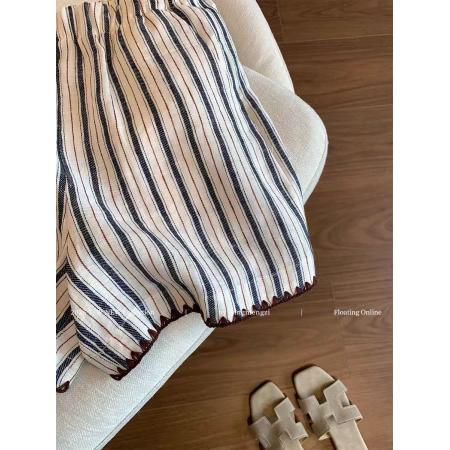 网图条纹编织亚麻短裤女新款设计感宽松显瘦百搭A字阔腿裤  服裝批發女裝批發服飾貨源