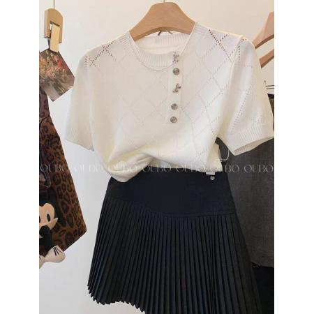 BY11418# 网图白色镂空不规则圆领短袖针织衫t恤女宽松短款正肩小上衣  服裝批發女裝批發服飾貨源