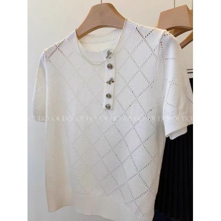 BY11418# 网图白色镂空不规则圆领短袖针织衫t恤女宽松短款正肩小上衣  服裝批發女裝批發服飾貨源