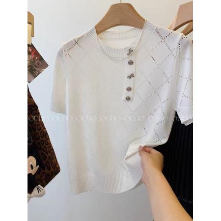 BY11418# 网图白色镂空不规则圆领短袖针织衫t恤女宽松短款正肩小上衣  服裝批發女裝批發服飾貨源