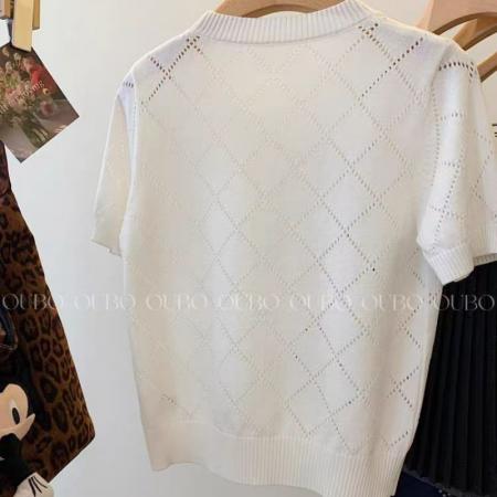 BY11418# 网图白色镂空不规则圆领短袖针织衫t恤女宽松短款正肩小上衣  服裝批發女裝批發服飾貨源