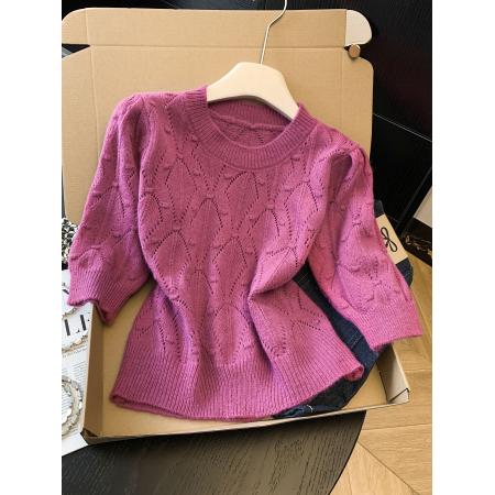 BY11419# 泡泡袖镂空休闲针织衫女夏季新款时尚减龄百搭上衣  服裝批發女裝批發服飾貨源