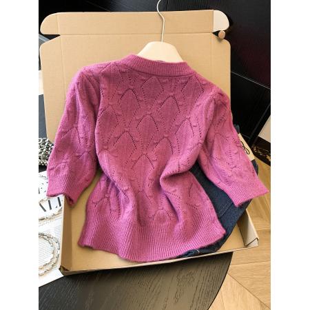 BY11419# 泡泡袖镂空休闲针织衫女夏季新款时尚减龄百搭上衣  服裝批發女裝批發服飾貨源