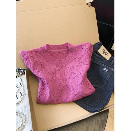 BY11419# 泡泡袖镂空休闲针织衫女夏季新款时尚减龄百搭上衣  服裝批發女裝批發服飾貨源