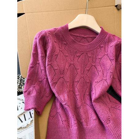 BY11419# 泡泡袖镂空休闲针织衫女夏季新款时尚减龄百搭上衣  服裝批發女裝批發服飾貨源