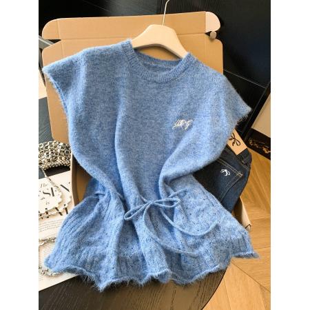BY11420# 蓝色韩系软糯上衣坎肩叠穿针织衫背心马甲套头毛衣女春  服裝批發女裝批發服飾貨源