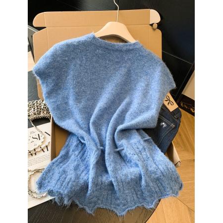 BY11420# 蓝色韩系软糯上衣坎肩叠穿针织衫背心马甲套头毛衣女春  服裝批發女裝批發服飾貨源