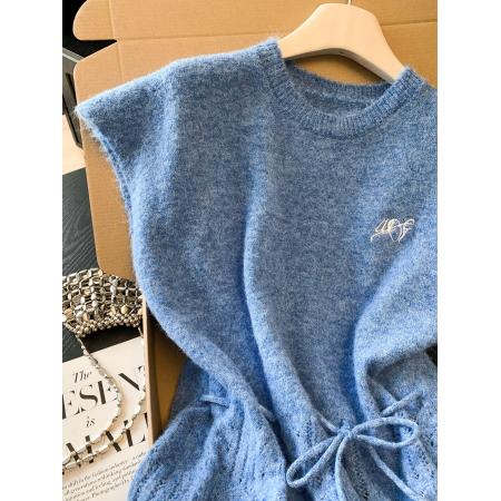 BY11420# 蓝色韩系软糯上衣坎肩叠穿针织衫背心马甲套头毛衣女春  服裝批發女裝批發服飾貨源