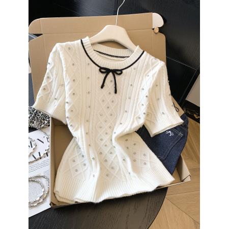 BY11421# 小香风蝴蝶结钉珠针织开衫女春季款短袖修身百搭韩系上衣  服裝批發女裝批發服飾貨源