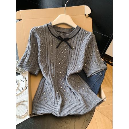 BY11421# 小香风蝴蝶结钉珠针织开衫女春季款短袖修身百搭韩系上衣  服裝批發女裝批發服飾貨源