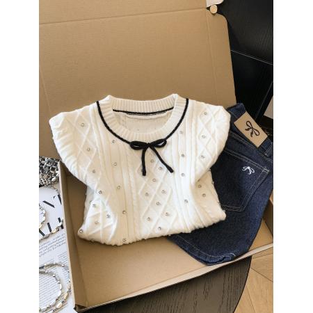 BY11421# 小香风蝴蝶结钉珠针织开衫女春季款短袖修身百搭韩系上衣  服裝批發女裝批發服飾貨源