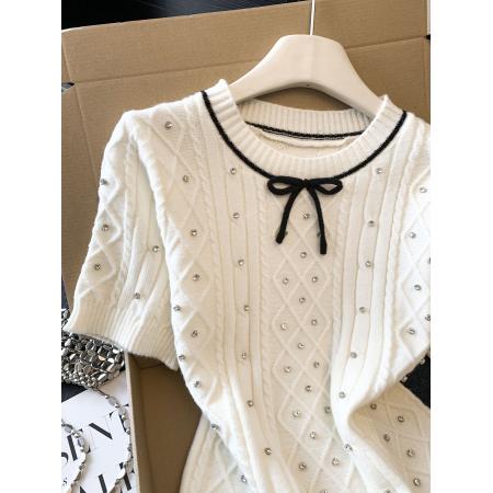 BY11421# 小香风蝴蝶结钉珠针织开衫女春季款短袖修身百搭韩系上衣  服裝批發女裝批發服飾貨源