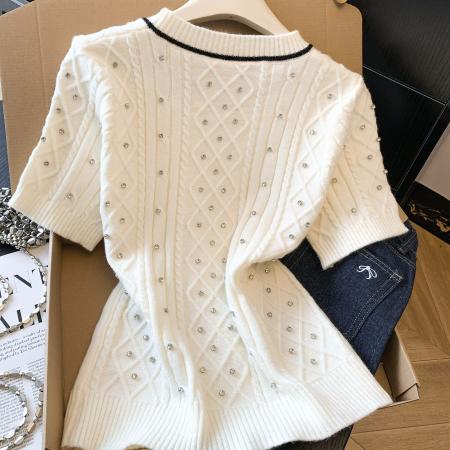 BY11421# 小香风蝴蝶结钉珠针织开衫女春季款短袖修身百搭韩系上衣  服裝批發女裝批發服飾貨源