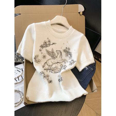 BY11422# 绵羊毛重工刺绣显瘦正肩针织短袖上衣女  服裝批發女裝批發服飾貨源