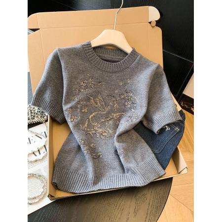 BY11422# 绵羊毛重工刺绣显瘦正肩针织短袖上衣女  服裝批發女裝批發服飾貨源