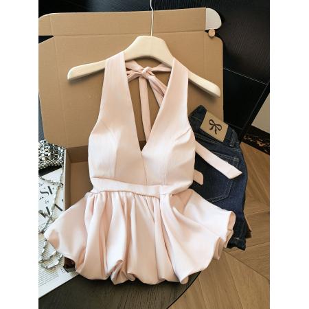 BY11423# 辣妹性感美背v领挂脖背心女夏季新款纯欲修身收腰花苞上衣  服裝批發女裝批發服飾貨源