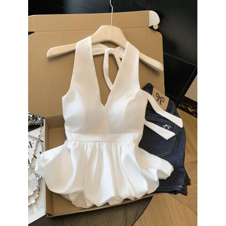 BY11423# 辣妹性感美背v领挂脖背心女夏季新款纯欲修身收腰花苞上衣  服裝批發女裝批發服飾貨源