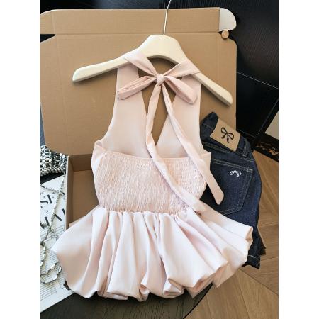 BY11423# 辣妹性感美背v领挂脖背心女夏季新款纯欲修身收腰花苞上衣  服裝批發女裝批發服飾貨源