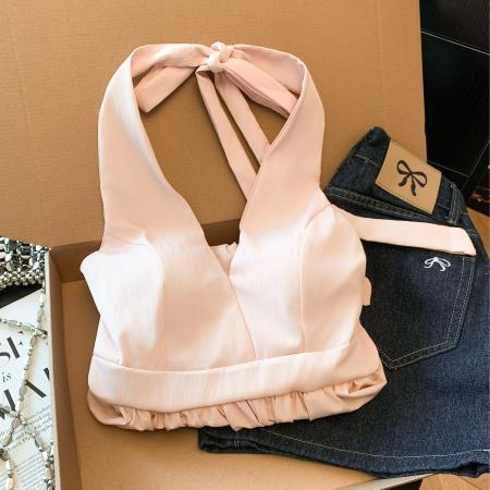 BY11423# 辣妹性感美背v领挂脖背心女夏季新款纯欲修身收腰花苞上衣  服裝批發女裝批發服飾貨源