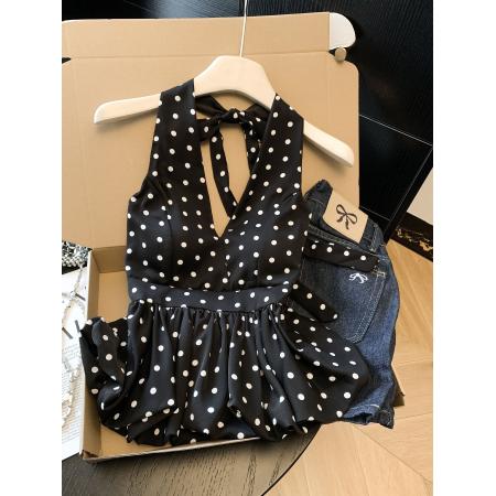 BY11424# 辣妹性感美背v领挂脖背心女夏季新款纯欲修身收腰花苞上衣  服裝批發女裝批發服飾貨源