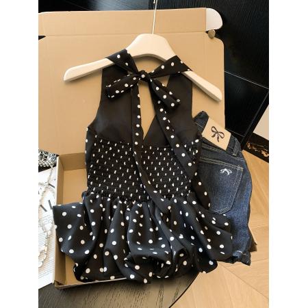 BY11424# 辣妹性感美背v领挂脖背心女夏季新款纯欲修身收腰花苞上衣  服裝批發女裝批發服飾貨源