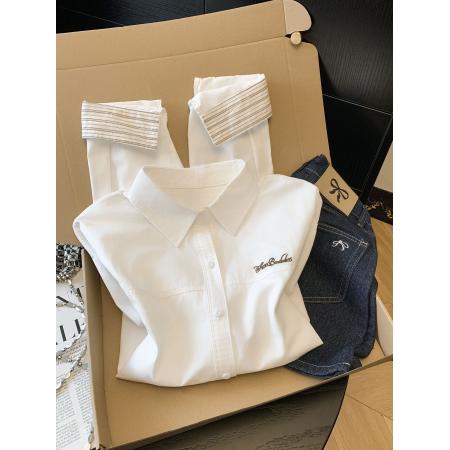 BY11426# 白色纯棉牛仔衬衫外套女短款开春新款收腰显瘦上衣  服裝批發女裝批發服飾貨源