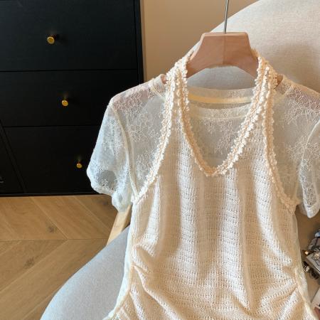 BY11427# 假两件蕾丝微透T恤女夏季新款设计感百搭短袖小上衣  服裝批發女裝批發服飾貨源