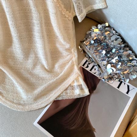 BY11427# 假两件蕾丝微透T恤女夏季新款设计感百搭短袖小上衣  服裝批發女裝批發服飾貨源