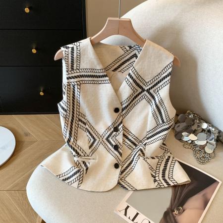 BY11428# 老钱亚麻V领马甲女夏季新款气质无袖背心上衣  服裝批發女裝批發服飾貨源