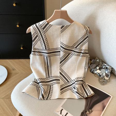 BY11428# 老钱亚麻V领马甲女夏季新款气质无袖背心上衣  服裝批發女裝批發服飾貨源