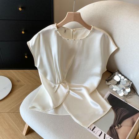 BY11429# 杏色褶皱钉珠醋酸缎面上衣女夏季新款气质收腰时髦衬衫  服裝批發女裝批發服飾貨源