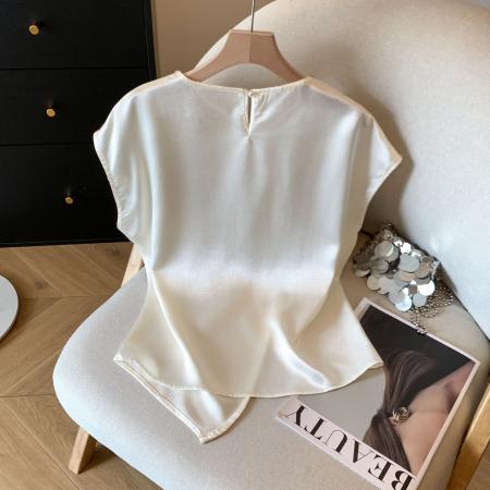 BY11429# 杏色褶皱钉珠醋酸缎面上衣女夏季新款气质收腰时髦衬衫  服裝批發女裝批發服飾貨源