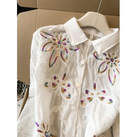 BY11430# 提花刺绣亮片白色衬衫女春季新款高级感宽松气质上衣  服裝批發女裝批發服飾貨源