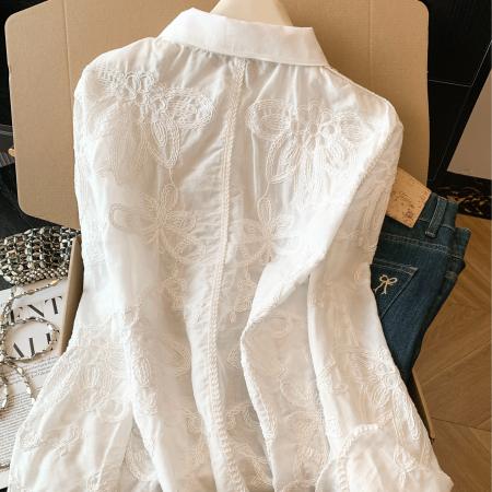 BY11430# 提花刺绣亮片白色衬衫女春季新款高级感宽松气质上衣  服裝批發女裝批發服飾貨源