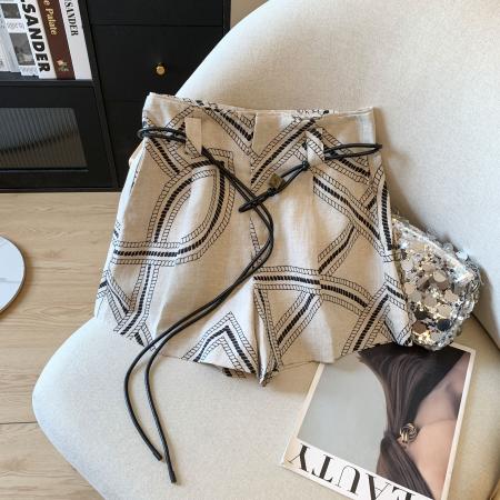 几何印花高腰亚麻短裤女夏新款时尚显瘦百搭a字阔腿裤  服裝批發女裝批發服飾貨源