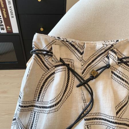 几何印花高腰亚麻短裤女夏新款时尚显瘦百搭a字阔腿裤  服裝批發女裝批發服飾貨源