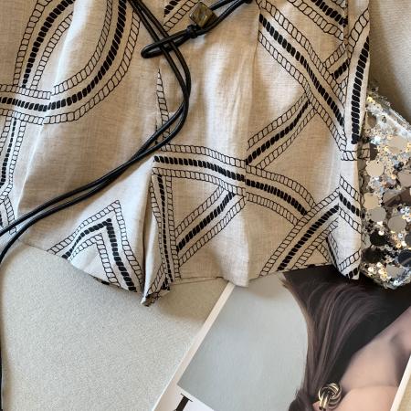 几何印花高腰亚麻短裤女夏新款时尚显瘦百搭a字阔腿裤  服裝批發女裝批發服飾貨源