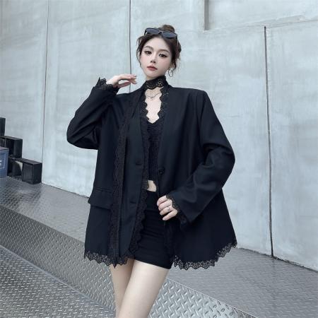 BY11432# 黑色蕾丝拼接西装外套女春秋新款气质垫肩西服上衣配飘带  服裝批發女裝批發服飾貨源