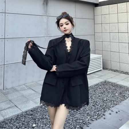 BY11432# 黑色蕾丝拼接西装外套女春秋新款气质垫肩西服上衣配飘带  服裝批發女裝批發服飾貨源