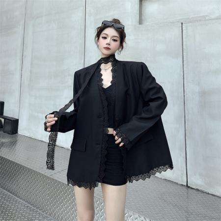 BY11432# 黑色蕾丝拼接西装外套女春秋新款气质垫肩西服上衣配飘带  服裝批發女裝批發服飾貨源