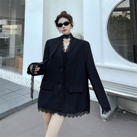 BY11432# 黑色蕾丝拼接西装外套女春秋新款气质垫肩西服上衣配飘带  服裝批發女裝批發服飾貨源