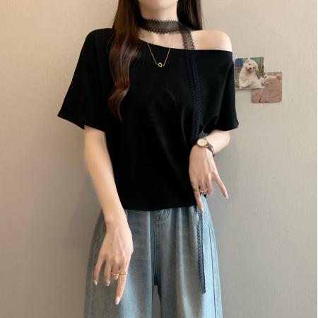 BY11435# 胖MM新款韩系时尚斜肩宽松短袖T恤飘带露肩上衣潮  服裝批發女裝批發服飾貨源