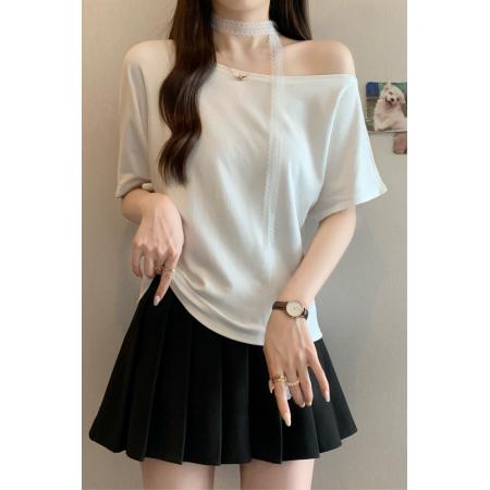 BY11435# 胖MM新款韩系时尚斜肩宽松短袖T恤飘带露肩上衣潮  服裝批發女裝批發服飾貨源