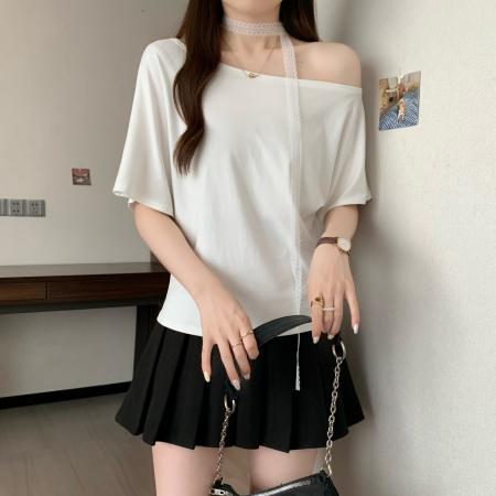BY11435# 胖MM新款韩系时尚斜肩宽松短袖T恤飘带露肩上衣潮  服裝批發女裝批發服飾貨源