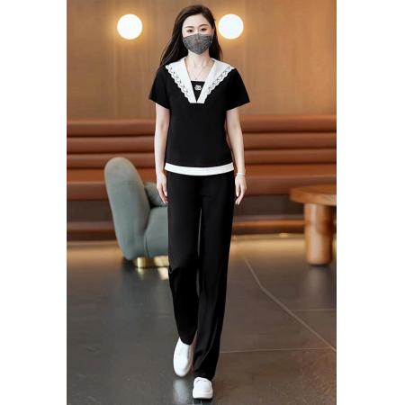 BY11436# 夏季新款大码时尚设计感蕾丝花边拼接洋气时尚套装  服裝批發女裝批發服飾貨源