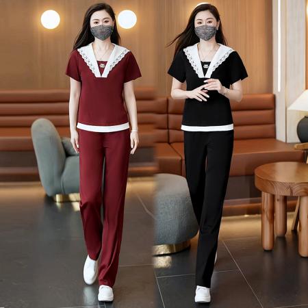 BY11436# 夏季新款大码时尚设计感蕾丝花边拼接洋气时尚套装  服裝批發女裝批發服飾貨源