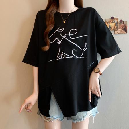 BY11438# ～刺绣减龄短袖女春夏新款大码胖mm宽松遮肚不规则上衣  服裝批發女裝批發服飾貨源