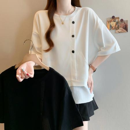 BY11439# ～假两件短袖T恤女新款夏季大码胖mm显瘦遮肚宽松上衣  服裝批發女裝批發服飾貨源