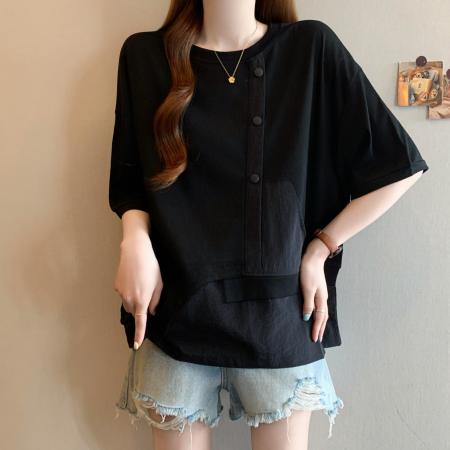 BY11439# ～假两件短袖T恤女新款夏季大码胖mm显瘦遮肚宽松上衣  服裝批發女裝批發服飾貨源